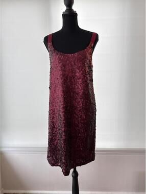 Theory Red Sequin Silk Dress Sleeveless Shift Size 8 Evening